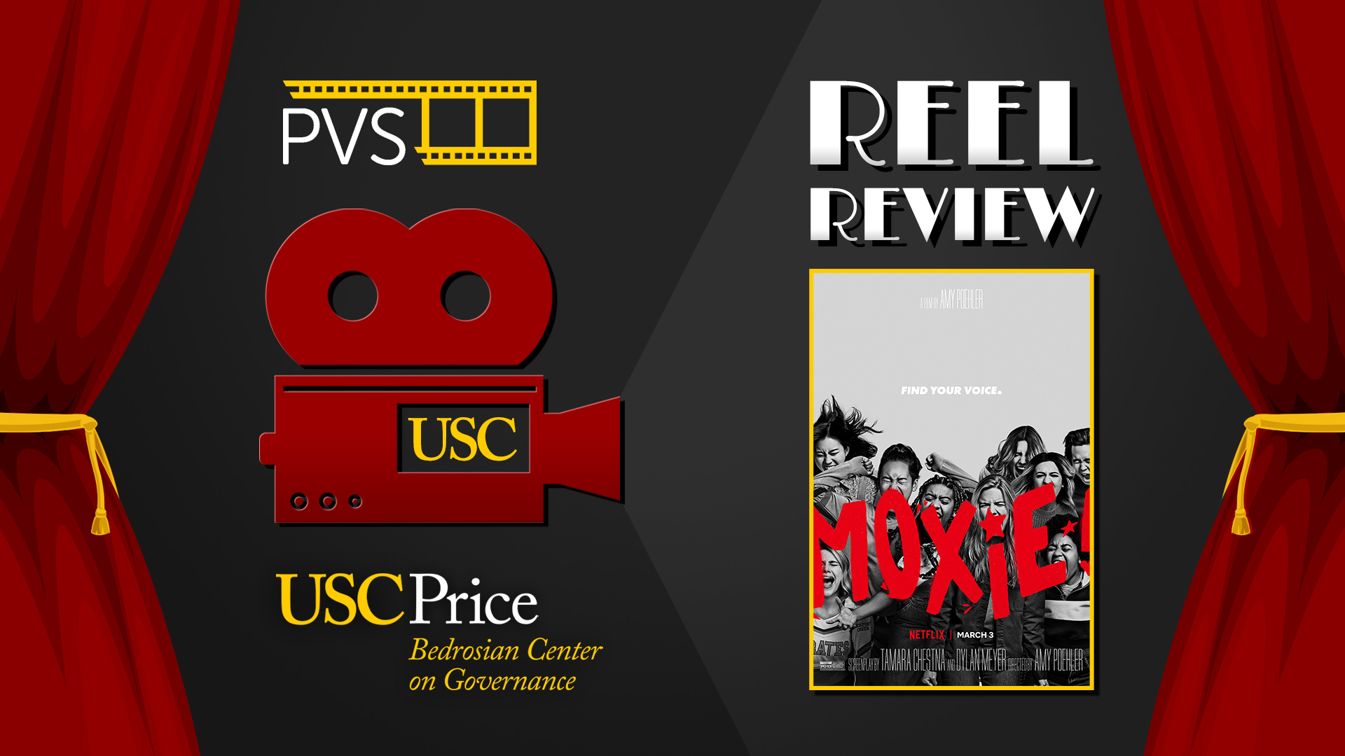 Graphic from of the Reel Review logo with the Moxie film poster image